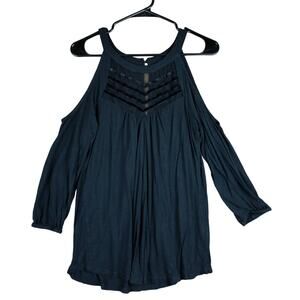 Maurices Womens Blouse Black Mesh Cutout Front Cold Shoulder Stretch Medium